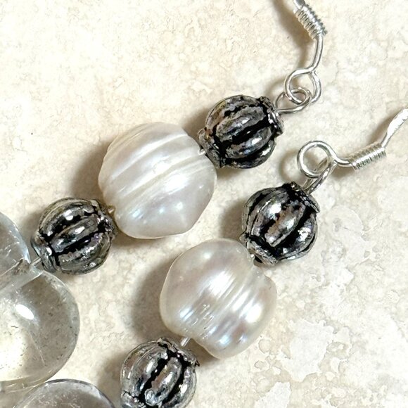 2/$20, Genuine Clear Quartz & Pearl Stone Heart Sterling Silver Earrings - Picture 3 of 9